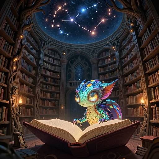 Digital fantasy illustration: Small, colorful, glowing dragon reads illuminated book in starry library, surrounded by bookshelves, candles, and constellations