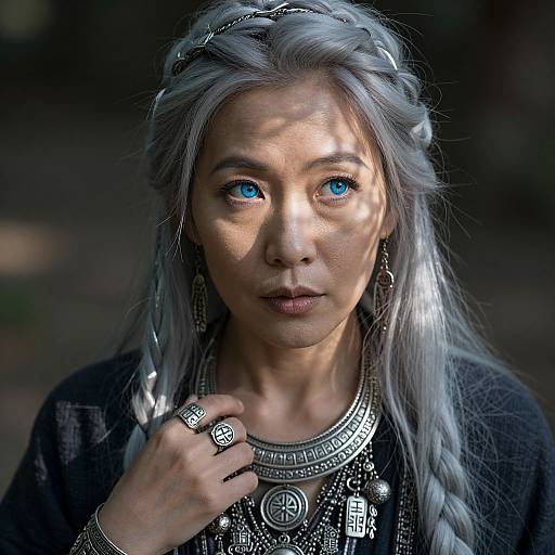 Photograph of a white woman with silver hair and blue eyes, wearing intricate silver jewelry and a black top, with sunlight filtering through leaves. Ethereal