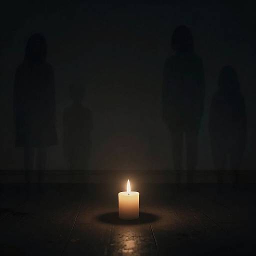 Photograph of a single, glowing white candle in the center, casting a warm light on a dark, wooden floor, with blurred silhouettes of