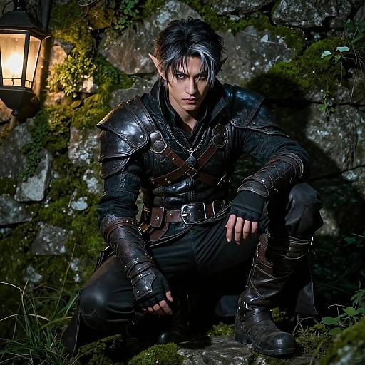 Photorealistic fantasy image of a dark-haired elf warrior with pointed ears, wearing black leather armor, crouching in a mossy, stone-w
