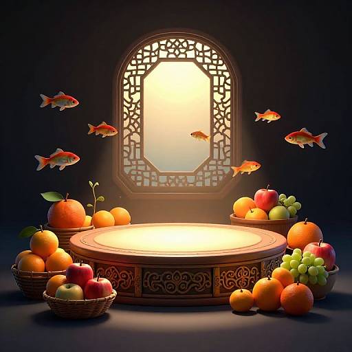 Glowing Stage with Fruits and Fish