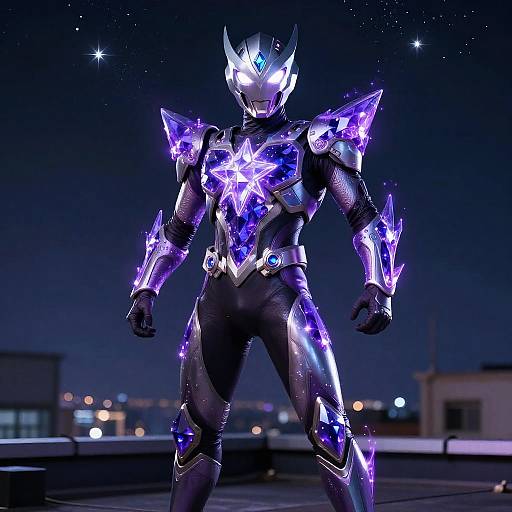 Photorealistic CGI of a glowing, purple and black armored superhero with luminescent spikes, standing on a rooftop at night.
