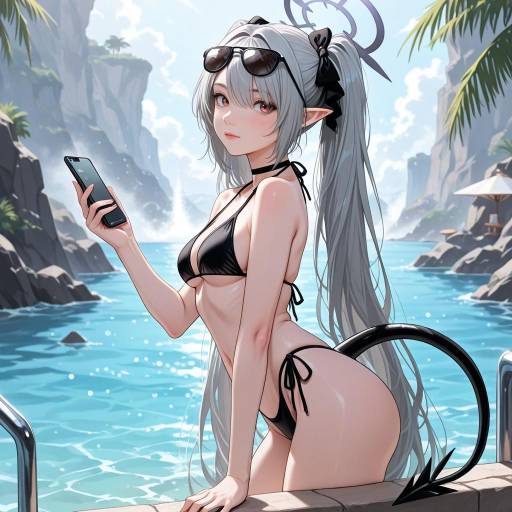 Iori in Black Bikini with Cellphone