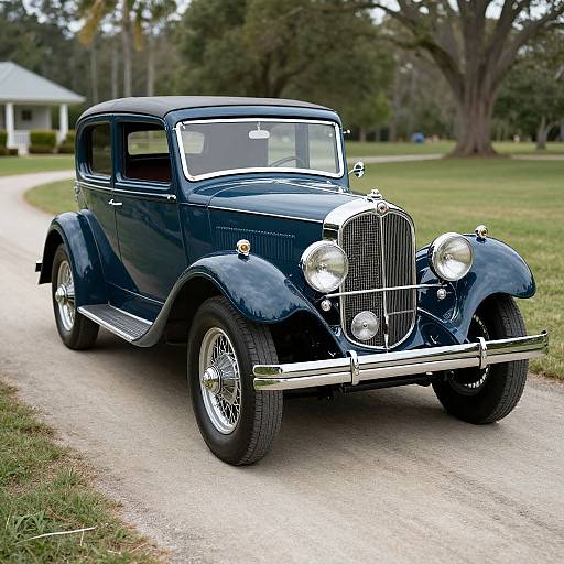 Photograph of a classic, deep blue vintage sedan with chrome accents and large round headlights parked on a gravel road in a lush, green suburban area.