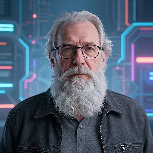 Photograph of an older white man with a white beard, glasses, and black denim jacket, set against a futuristic, neon-lit background.
