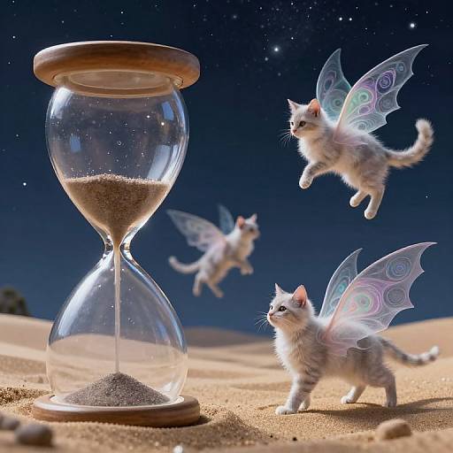 Photograph of two white kittens with iridescent fairy wings flying in a starry night sky, beside a glowing hourglass on sandy desert.