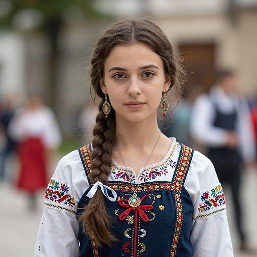 Photograph of a young woman with long braided brown hair, wearing a traditional Eastern European embroidered black dress with white blouse, red ribbon, and gold