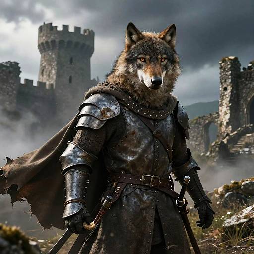 Digital artwork of a fierce, armored wolf warrior with glowing red eyes, standing in a ruined castle under a stormy sky.