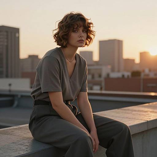 Photograph of a young woman with curly brown hair, wearing a loose gray top and black pants, sitting on a rooftop at sunset, city skyline in
