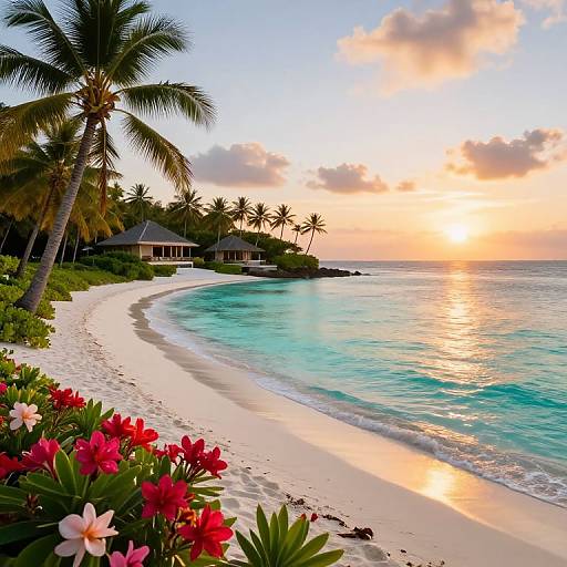 Photograph of a tropical beach at sunset with turquoise water, white sand, palm trees, red and pink flowers, and beach houses in the background.