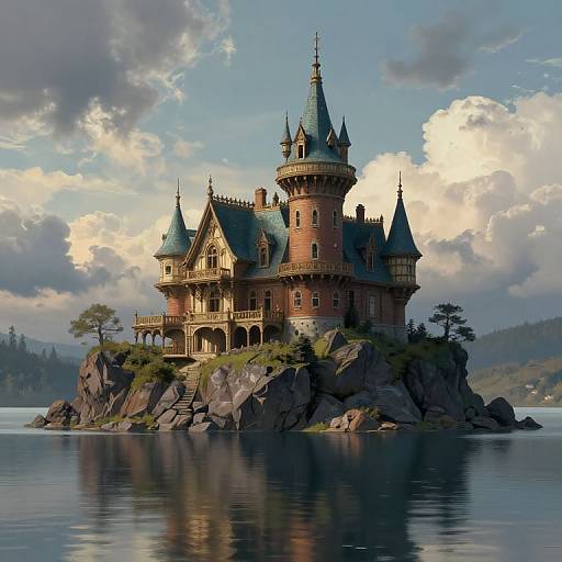 Photorealistic CGI of a majestic, red-brick castle with blue-tiled spires and turrets, perched on a rocky island, reflected