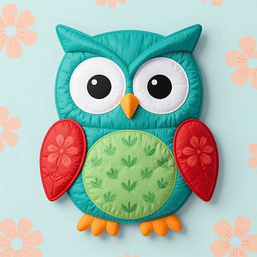 Colorful, quilted owl with blue body, green chest, red wings, orange beak and feet, large white eyes, on blue floral background