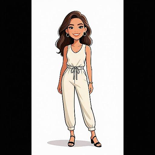 Digital illustration of a smiling woman with long brown hair, wearing a white sleeveless jumpsuit, black sandals, and hoop earrings, standing on a white
