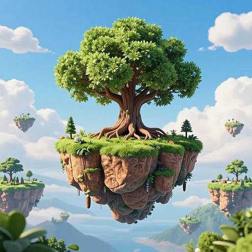 Floating tree on a rocky island, surrounded by other floating islands, under a bright blue sky with fluffy white clouds. CGI fantasy scene.