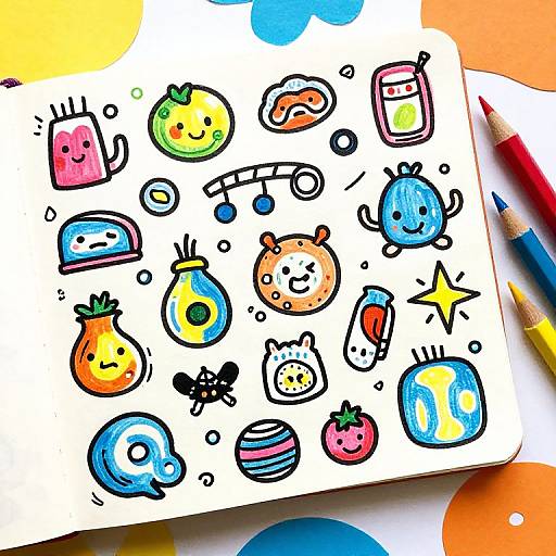 Vibrant, colorful, digital-style doodle sketch of cute, cartoon-like objects including fruits, animals, and objects on white paper, with colored