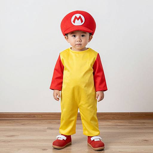 Photograph of a young Asian boy in a Mario costume: red hat with 