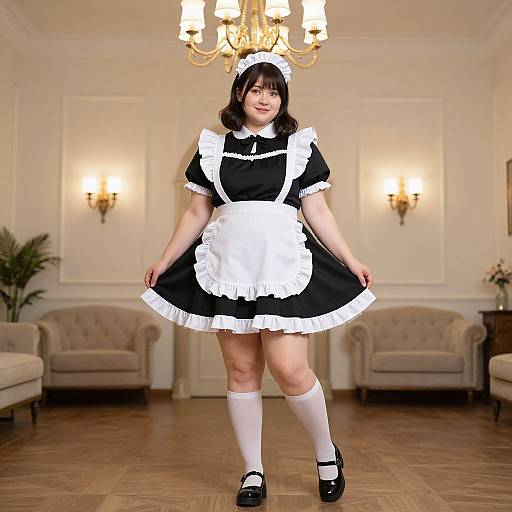 Photograph of an Asian woman in a traditional black and white French maid outfit, standing in an elegant, well-lit room with a chandelier,