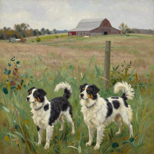 Oil painting of two black-and-white Border Collies standing in a grassy field, with a red barn in the background.