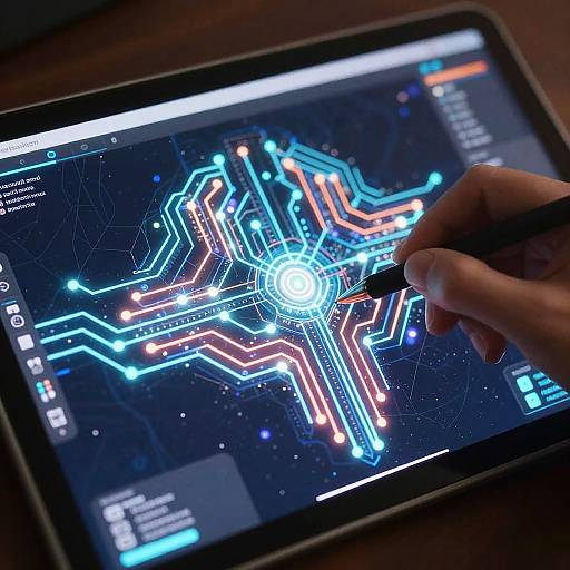 Photograph of a hand with a pen drawing a colorful, neon circuit diagram on a tablet screen, illuminated against a dark background.