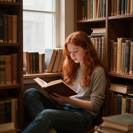Redhead Teen Reading in Cozy Library