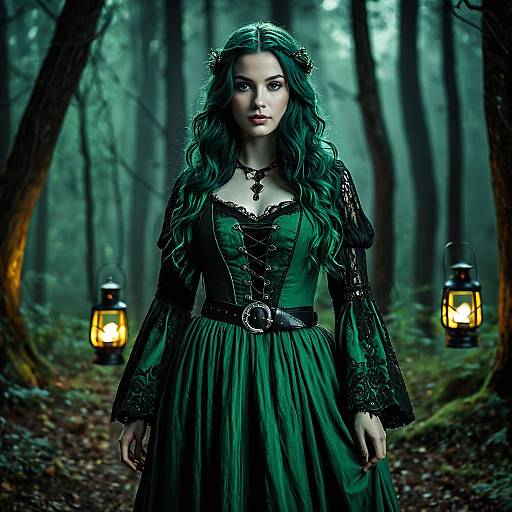 Fantasy Woman in Green Medieval Dress in Forest