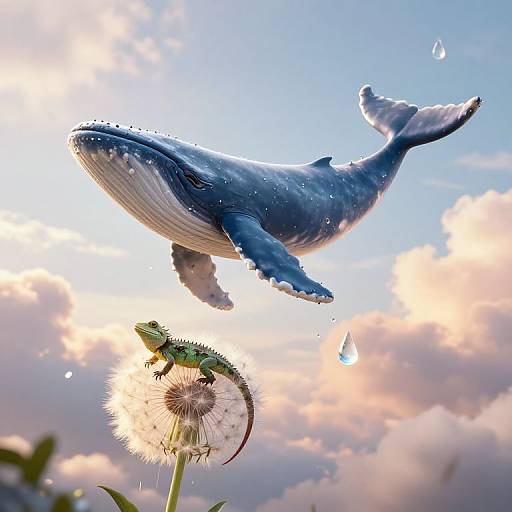 Photograph of a blue whale with water droplets flying above a dandelion with a green lizard, against a sunset sky.