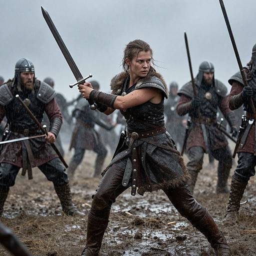 Photograph of fierce female warrior with long brown hair, holding raised sword, surrounded by armored warriors in rain-soaked, muddy battlefield.