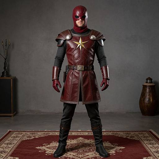 Photograph of a man in a red superhero costume with a star emblem, standing on a patterned rug in a gray-walled room.