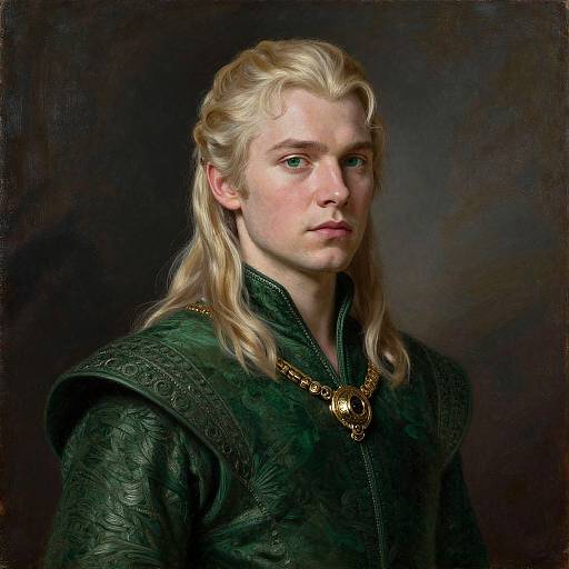 Digital painting of a serious, blonde-haired young man with green eyes, wearing an ornate dark green cloak and gold necklace, against a dark, textured