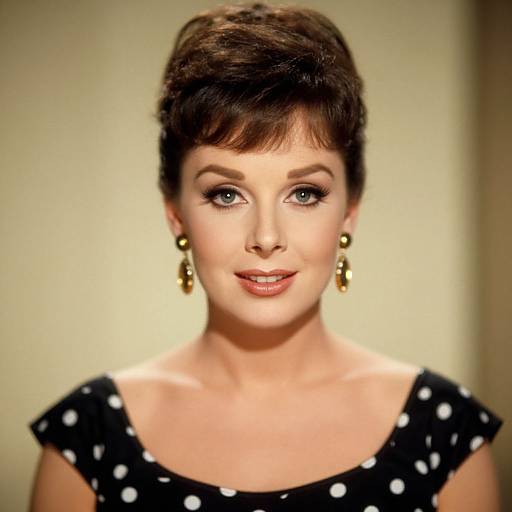 Photograph of a fair-skinned woman with short brown hair, blue eyes, wearing black polka dot dress and gold earrings, smiling softly.