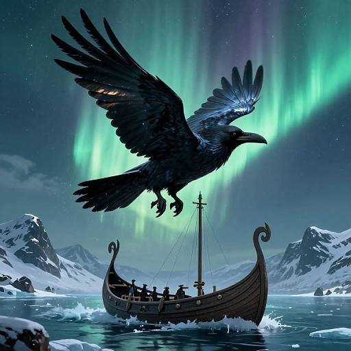 Digital art: A dark raven with glowing blue wingtips hovers above a Viking longship with silhouetted crew, surrounded by auroras
