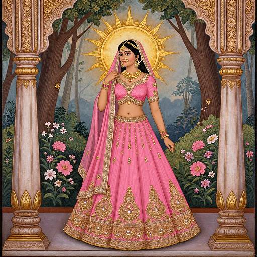 Digital illustration of an Indian woman in a pink, gold-embellished lehenga with veil, halo, and ornate jewelry, standing in a