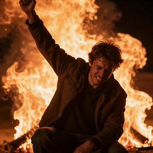 Crouching Man Grimacing Amid Flames