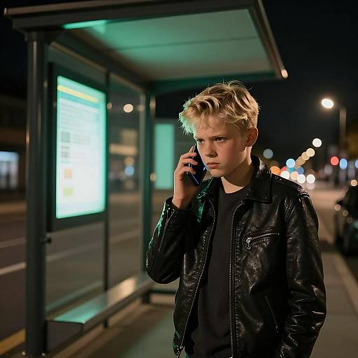 Blonde Boy in Neon Bus Shelter