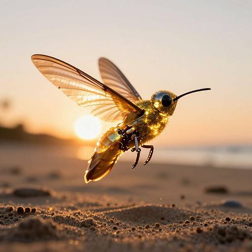 Photograph of a glowing, golden hummingbird in mid-flight against a sunset beach, with its wings blurred and sand textured foreground.