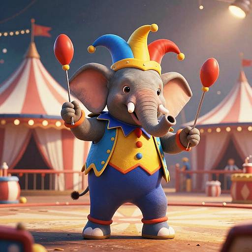 CGI image of a cheerful, gray elephant clown with a yellow-blue jester hat, holding red balloons, standing on a circus stage.