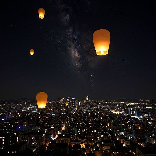 Nighttime photograph of a city skyline with glowing orange paper lanterns floating in the dark sky, surrounded by twinkling city lights.