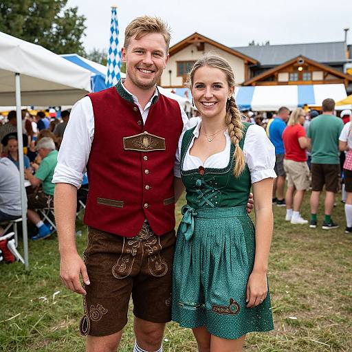 Photograph of a smiling couple at a Bavarian festival, wearing traditional attire; man in red vest, brown shorts, woman in green dress, white