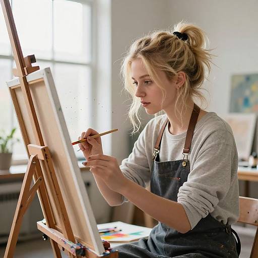 Blond Girl Painting in Sunlit Studio