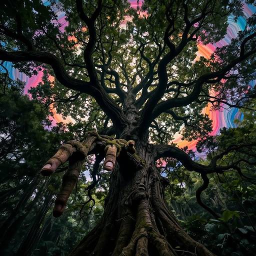 Photograph of a towering, ancient tree with thick, twisted branches and vibrant pink, blue, and orange sky through its leaves.