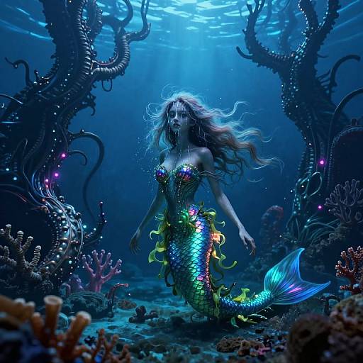 Digital artwork of a glowing, mermaid with long, flowing hair, and a colorful, iridescent tail, swimming through a dark, underwater cavern