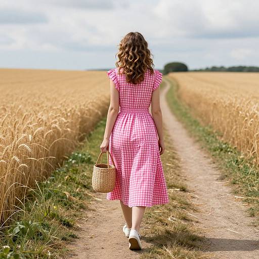 Photograph of a woman with curly brown hair, wearing a pink and white checkered dress, white shoes, and carrying a wicker basket, walking
