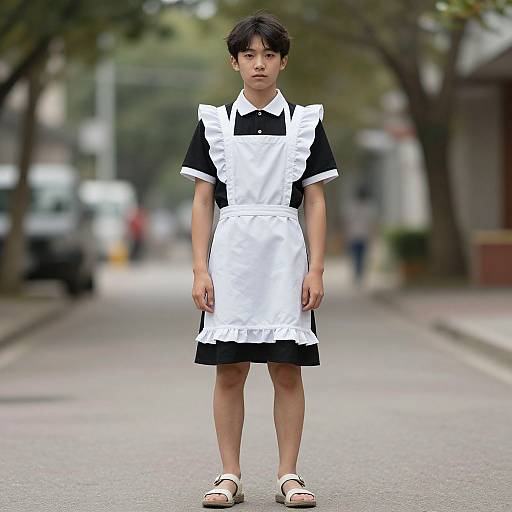 Photograph of a young Asian boy standing on a street, wearing a black and white maid outfit, white apron, and sandals, with a blurred