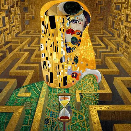 Digital art of Gustav Klimt's portrait in a golden maze, with hourglass, vibrant patterns, and colorful abstract elements.