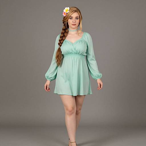 Photograph of a light-skinned woman with long blonde hair in a braid, wearing a mint green, long-sleeve dress with a flower