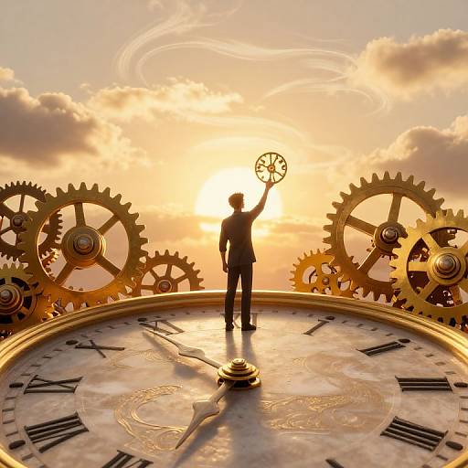 Silhouetted figure with raised cog stands on large clock face, surrounded by golden gears, against a sunset sky with swirling clouds.