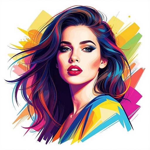 Vibrant digital portrait of a dark-haired woman with red lips, blue and yellow accent colors, and colorful abstract background.