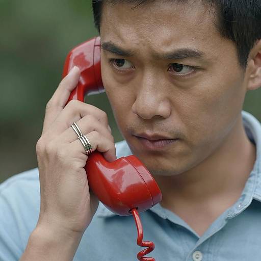 Man Using Red Corded Telephone