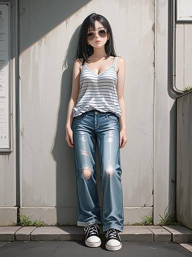 Photograph of a young Asian woman with long black hair, wearing sunglasses, a white-striped tank top, ripped blue jeans, and black sneakers, standing