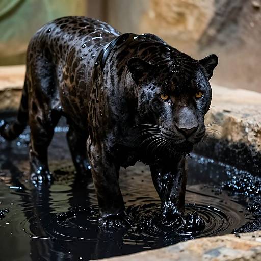 Photograph of a wet, black leopard with orange eyes standing in a shallow, dark water pool, ripples around its front paws.